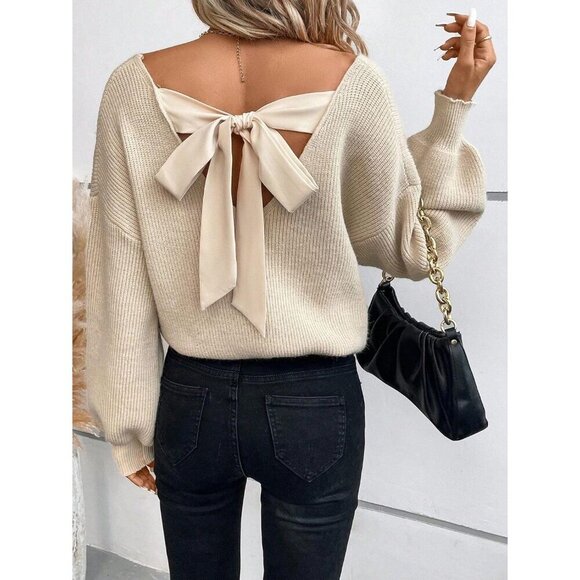 V Neck Sweater Women Knit Off Shoulder Long Sleeve Top Tie Back Apricot - Picture 5 of 6